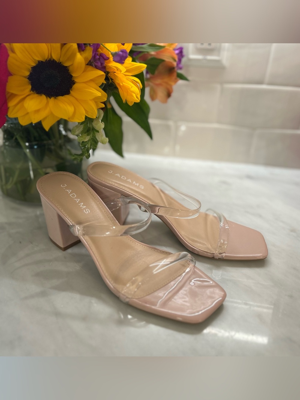 3.Adams Nude Patent Block Heel with Clear Straps